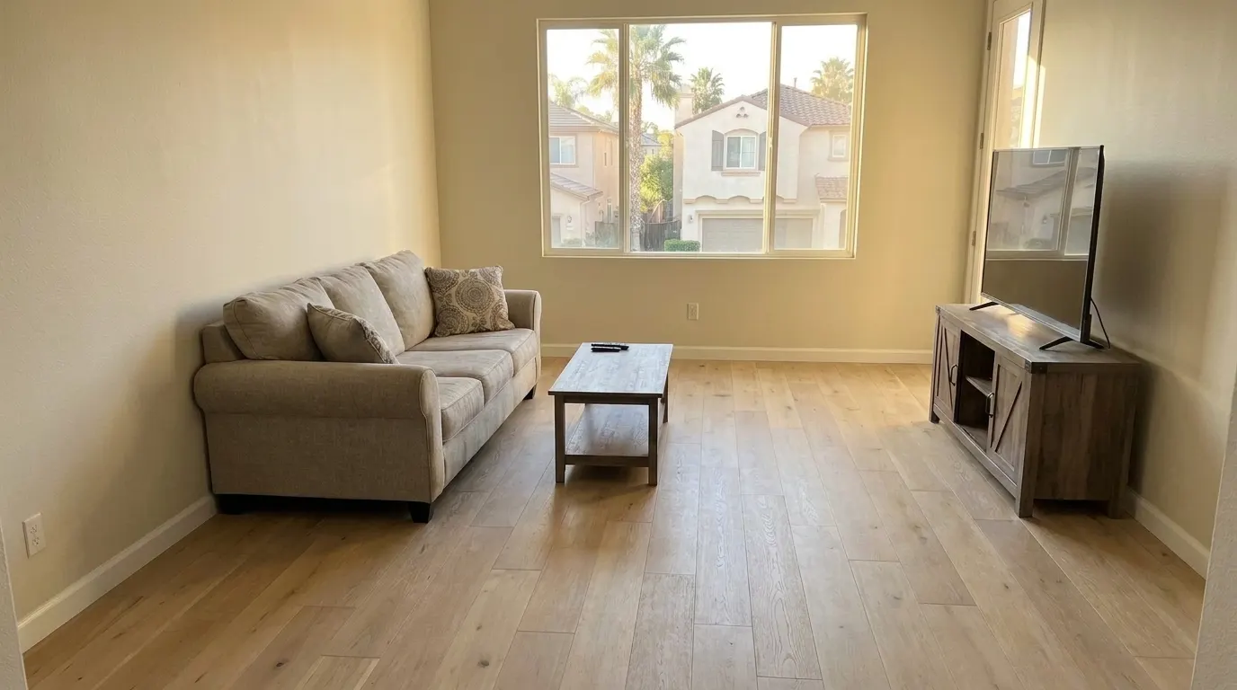 Same living room with new premium plank flooring and repaired walls after restoration