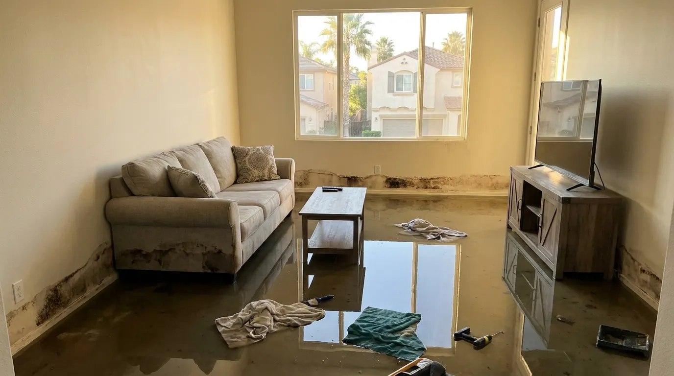 Flooded living room with standing water before restoration